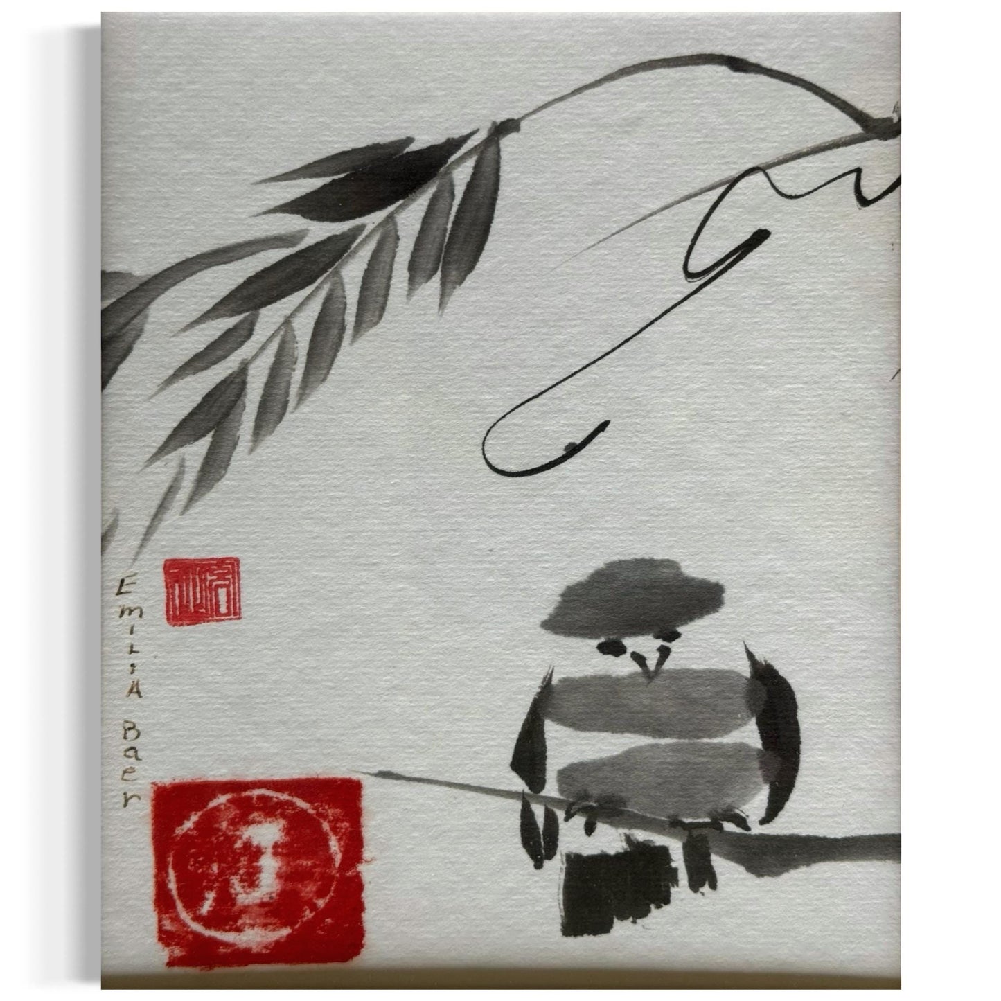 Original Signed Sumi-e Ink Painting "Bird and Bamboo" by Emilia Baer Asian Art