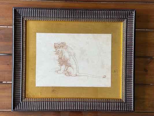 Framed Lion Drawing with Gold Foil Border, Signed Art Piece
