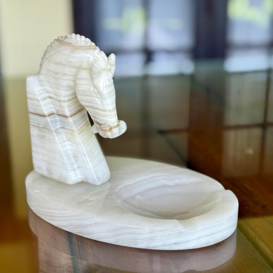 A Handmade Ashtray White Marble Onyx Sculptured Chess Trojan Horse Head Display