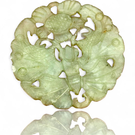 An Old Asian Green Jade Amulet Hand Carved Round Butterfly Antique Medallion Art