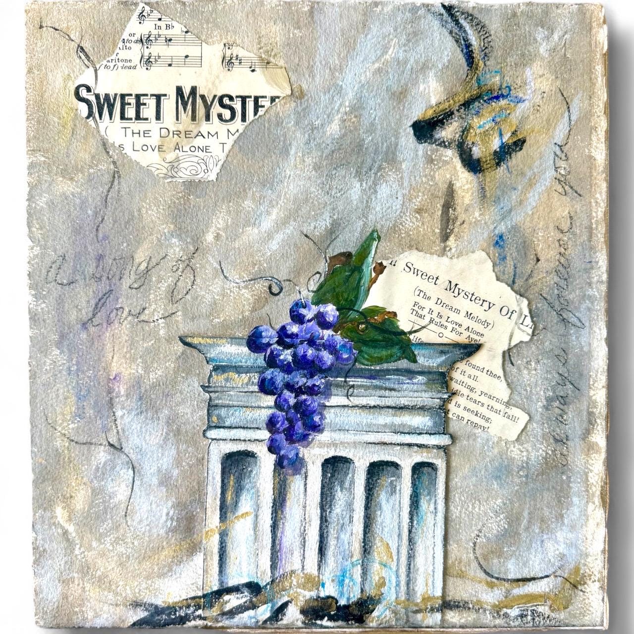 Original Abstract Collage Mixed Media Painting Vino Grapes Music Sheet Wall Art