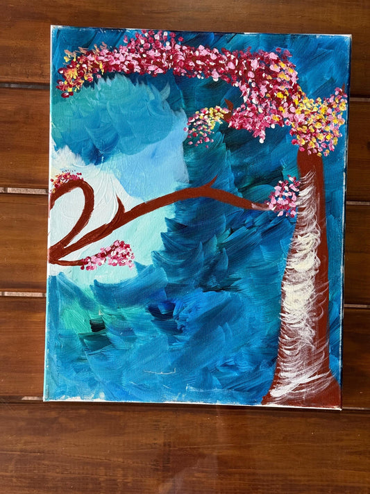 A Painted Canvas Artist Original Artwork Art Piece Pink Blue Cherry Blossom Tree