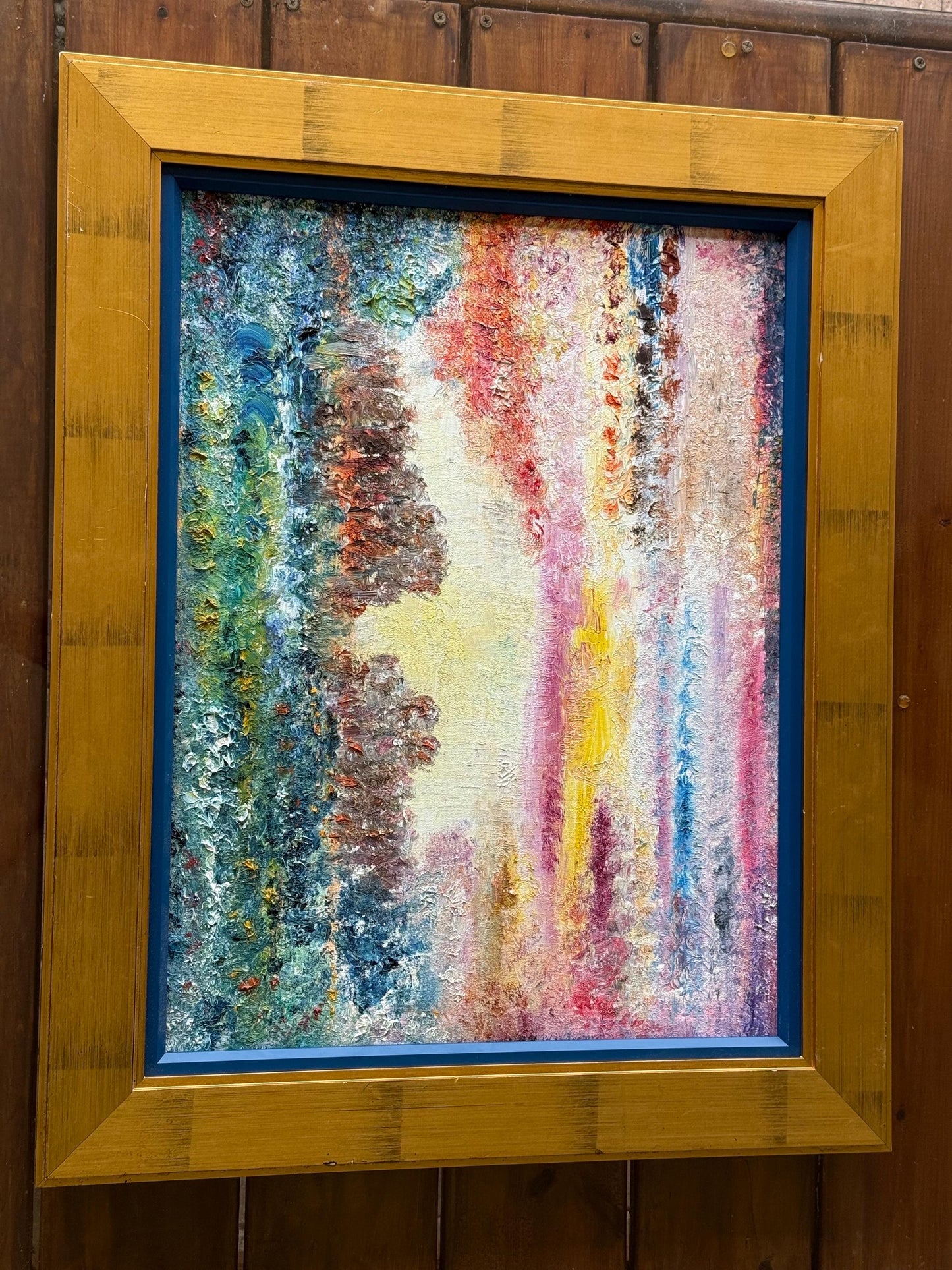Original Abstract Landscape Oil Painting - Textured Sunset Wall Art - Vibrant Pink and Blue Impressionist Decor - Framed Impasto Nature Art