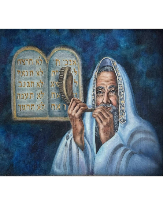 A Original Painting By Michael Schofield Canvas Signed Blowing The Shofar Judaic