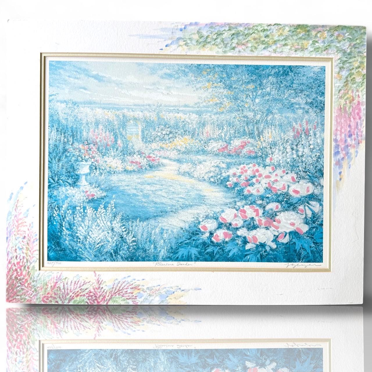 Linda Geyer Signed Floral Garden Giclee Print Painted Frame Abstract Flower Art