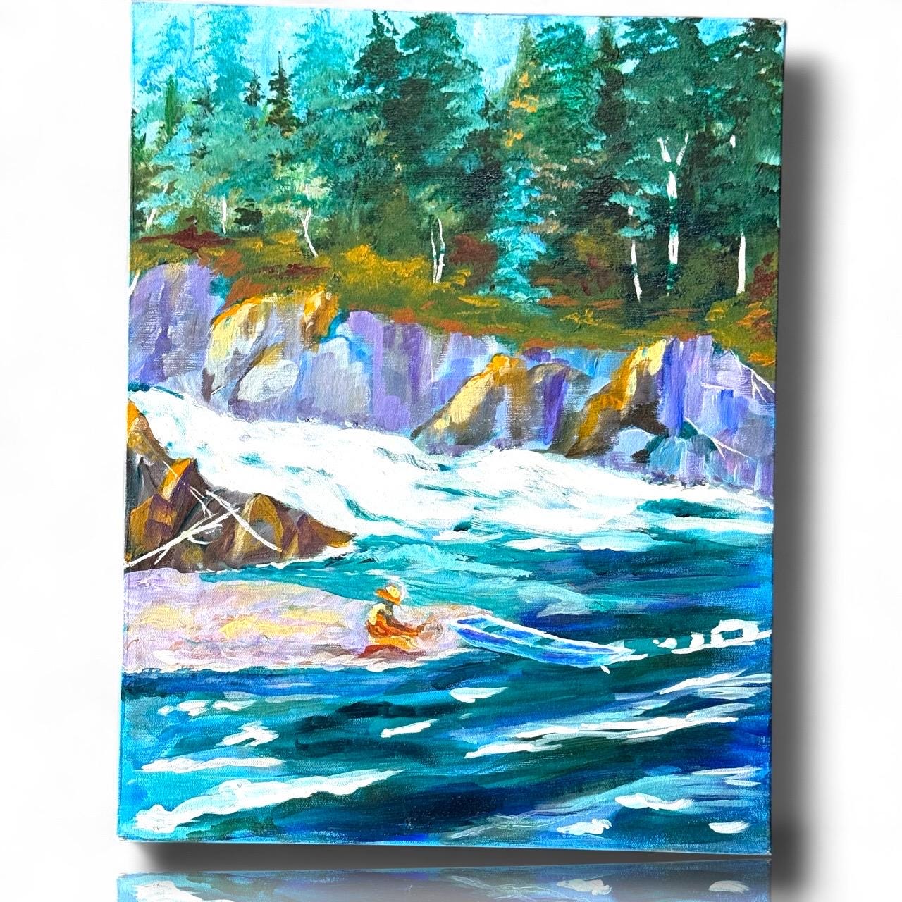 Original River Landscape Painting – Forest Waterfall Kayak Scene – Nature Acrylic Canvas Wall Art