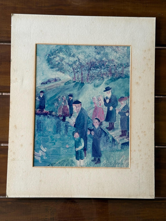 A vintage folksy Judaica lithograph of painting birkat halevana artwork art Old