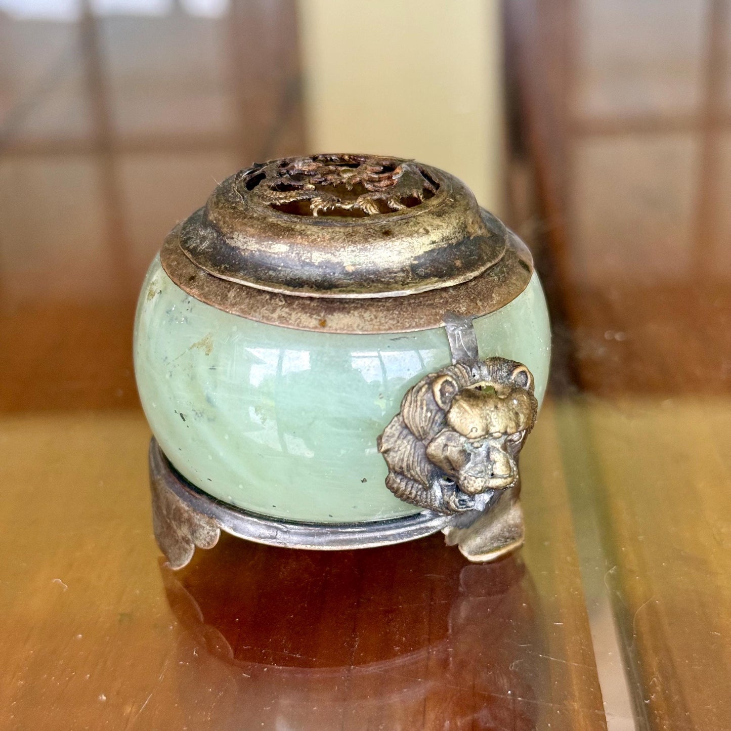 Antique Green Nephrite Jade and White Metal Foo Dog Dragon Incense Burner Jar Chinese