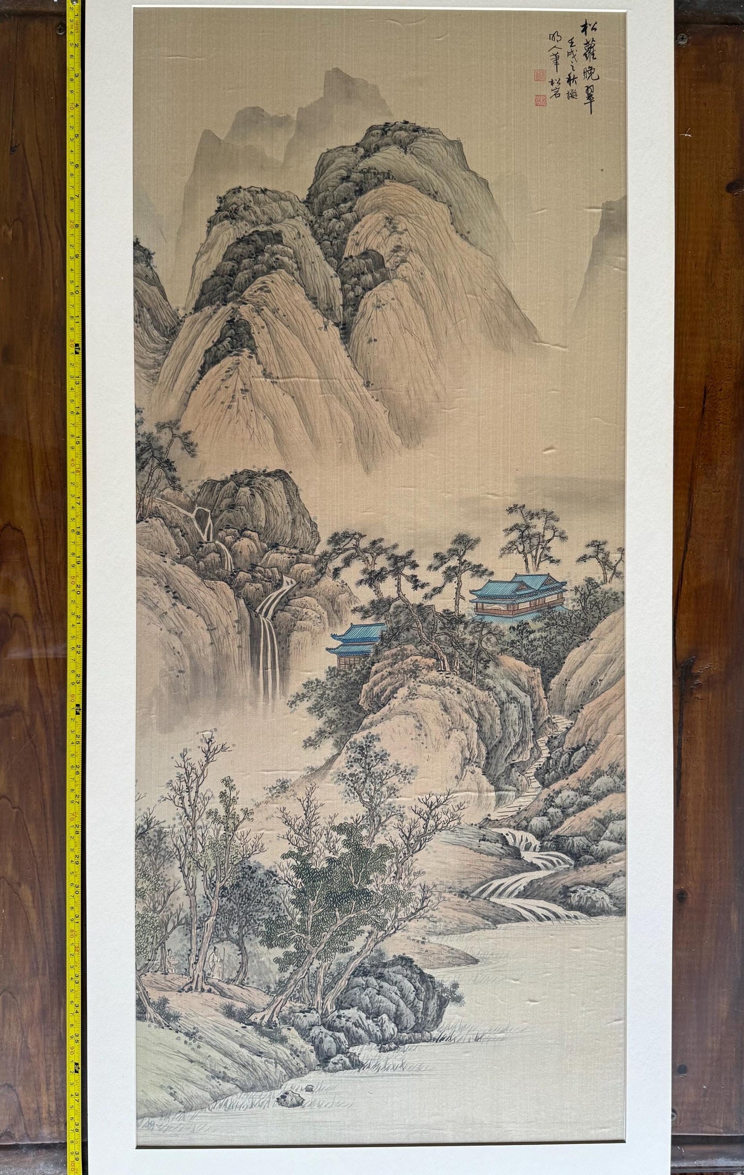 Original Chinese Watercolor and Ink Landscape Painting on Silk Scroll, Mountains and Village