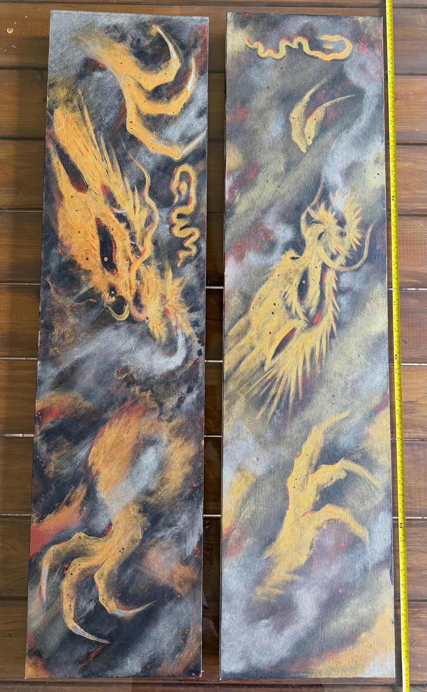 A Spray Painted Canvas Original Art Signed Metallic Gold Silver Smoking Dragon