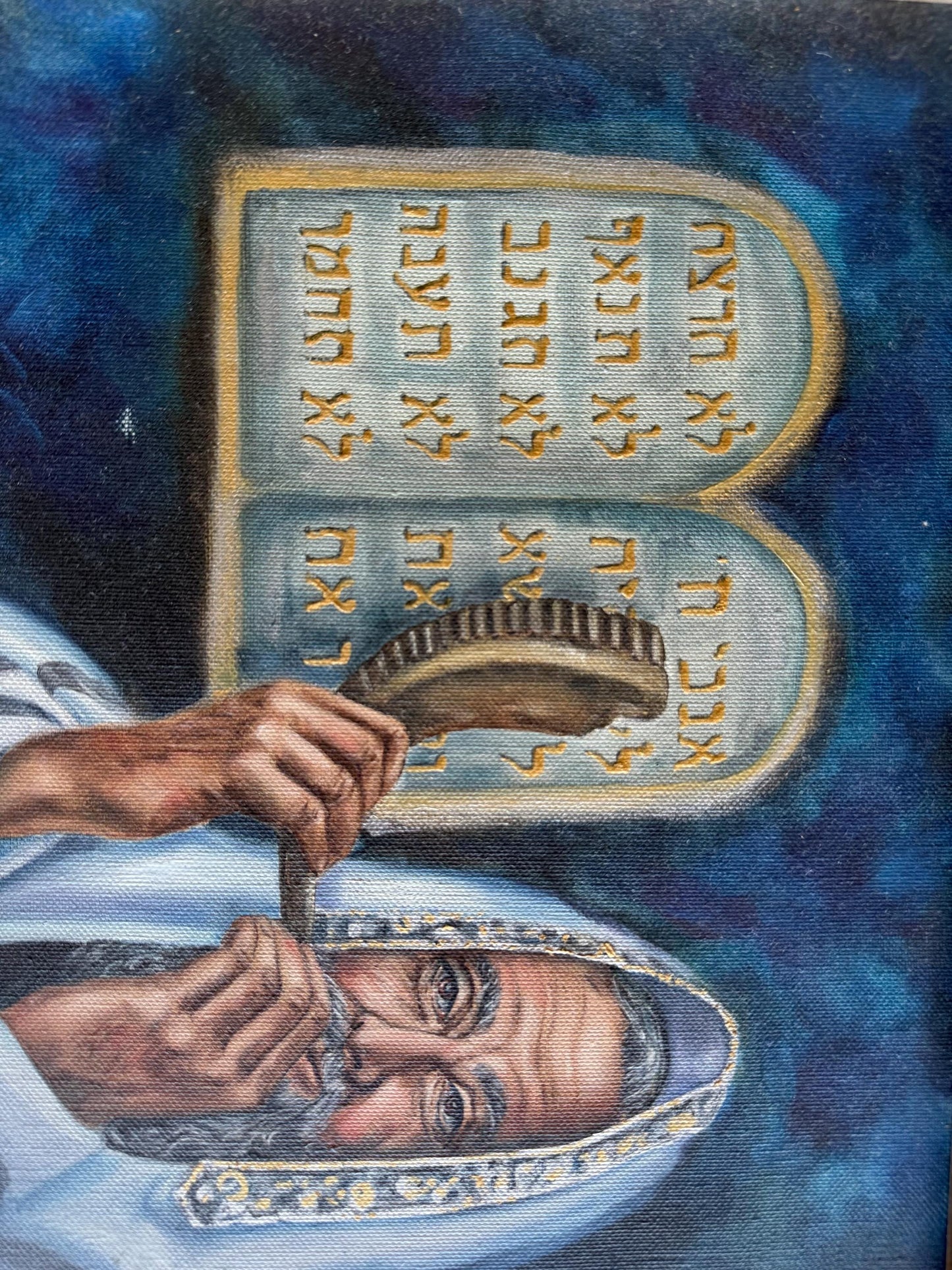 A Original Painting By Michael Schofield Canvas Signed Blowing The Shofar Judaic