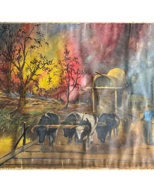 An Old Original Painting Signed Benedito Luizi Cowboy Western Wagon Mill Road