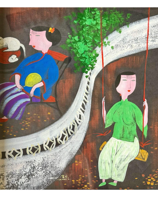 A Wu Chi Yong Chinese Modernist Original Watercolor Gouache Woman, Lady’s, Cat