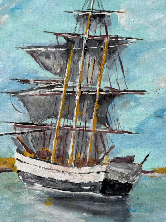 Artist signed original artwork painted Canvas Sail Boat Ship Blue Sea Collector