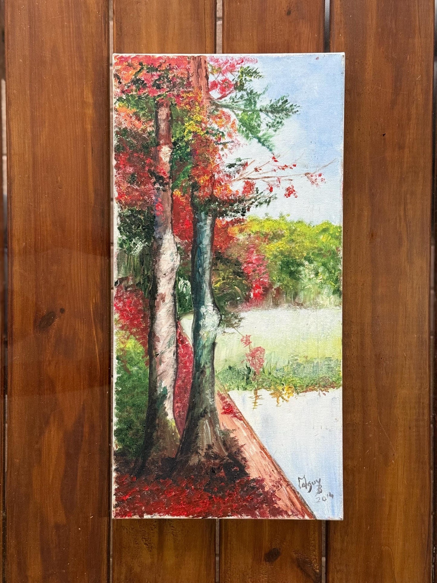 Original Acrylic Painting Canvas Art Signed Dated Autumn Forest Tree River Scene