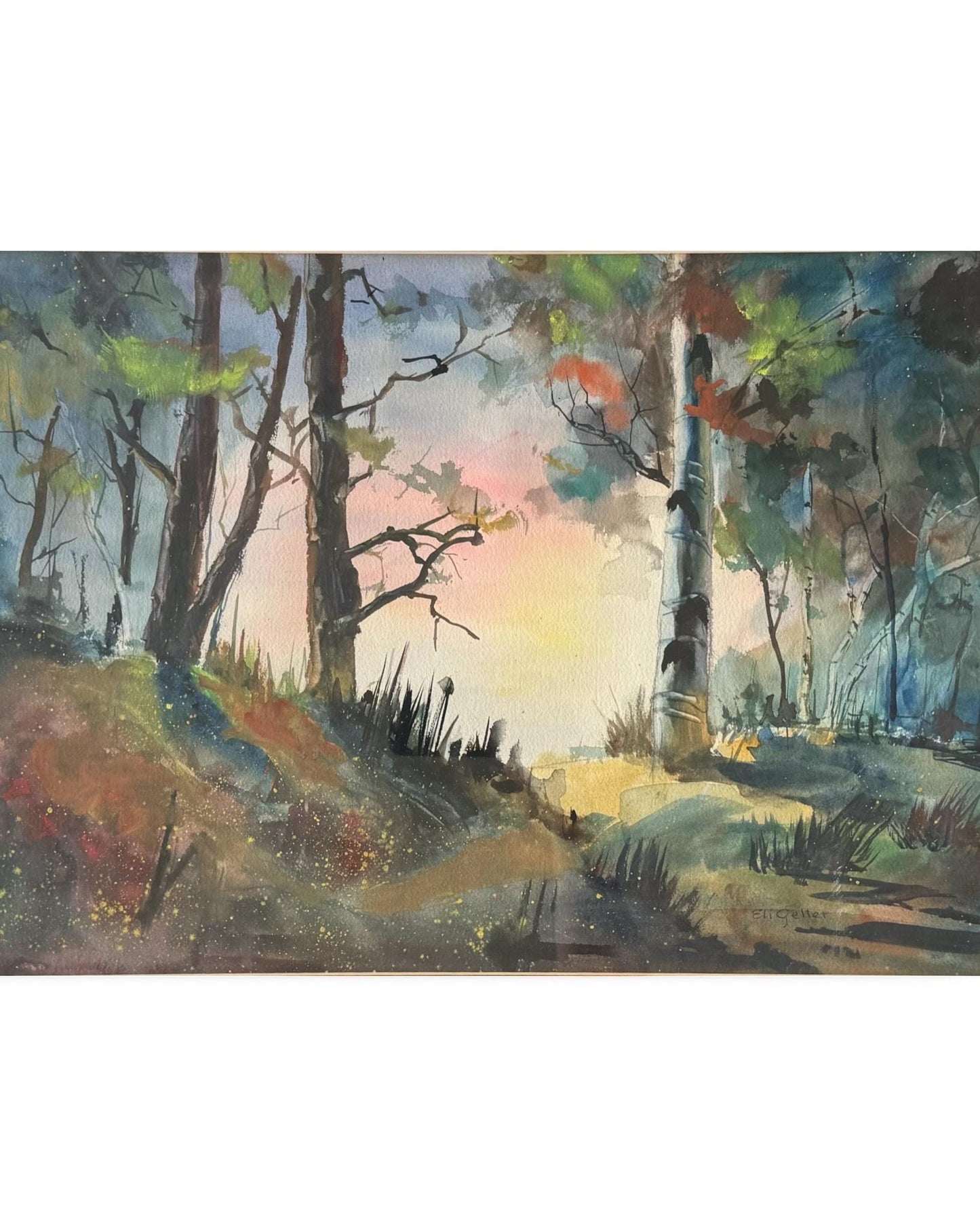 Original Eli Geller Watercolor Painting Colorful Forest Fantasy Signed Art Decor