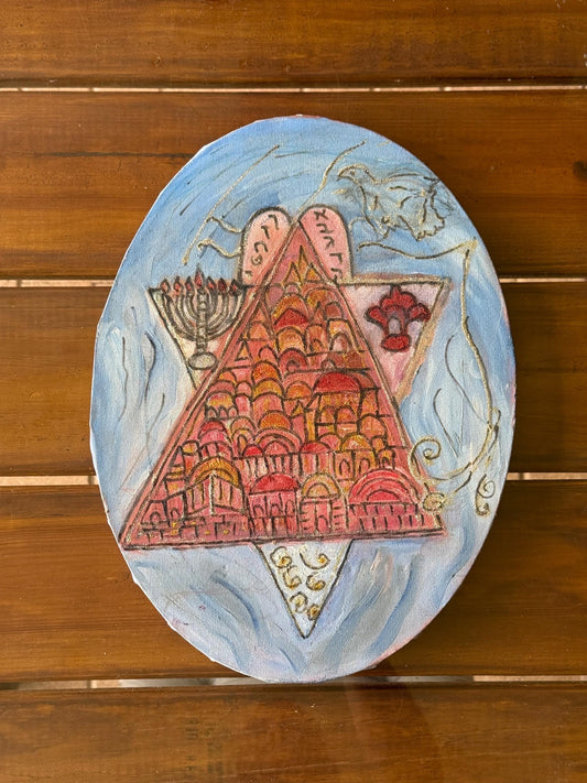 An original painting on canvas Jerusalem Menorah Tablets Dove Star of David Art