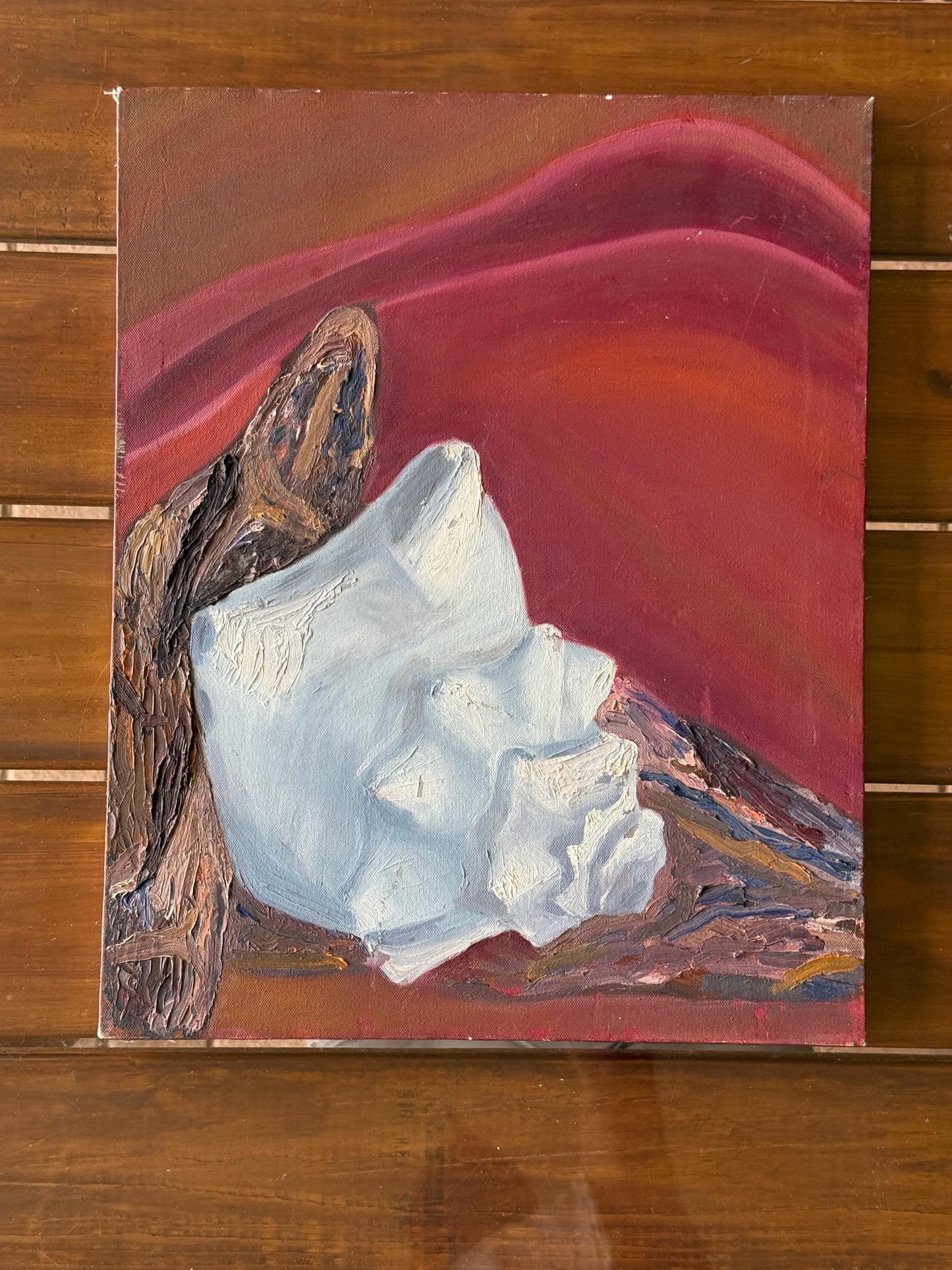 A painted canvas artist Original abstract Conch Shell red burgundy background