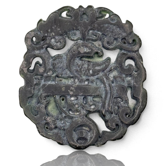 An Old Asian Jade Amulet Natural Black Green Hand Carve Phoenix Dragon Round Art