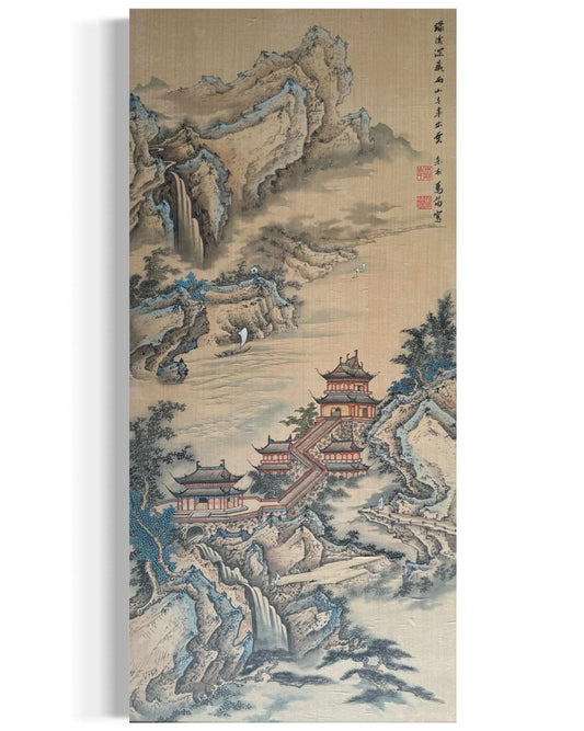 A Japanese Watercolor Painting Hanging Scroll Art Silk Mountain River Landscape