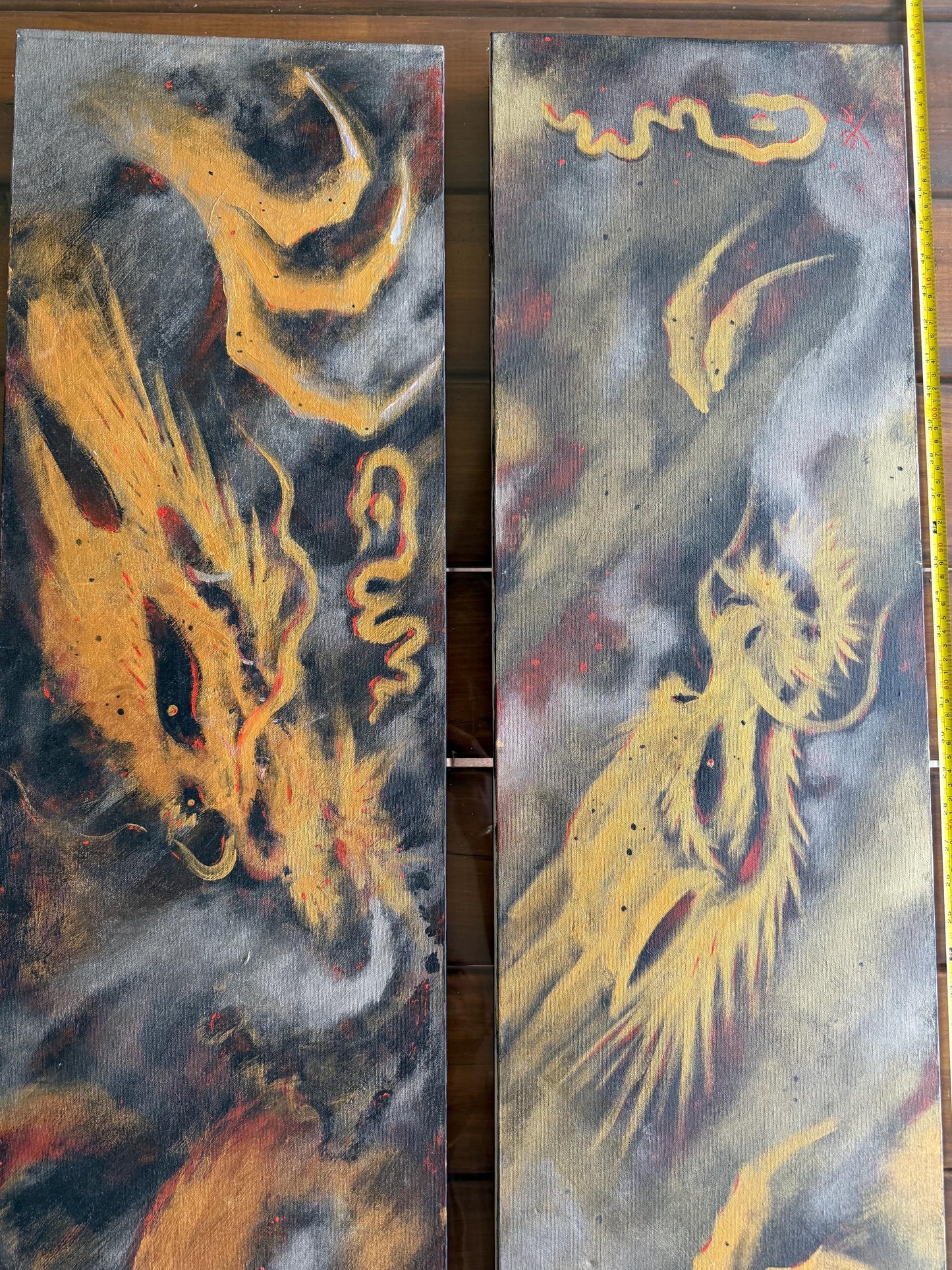 Original Spray Paint Art Gold Dragons Metallic Smoking 2-Piece Set Canvas Signed
