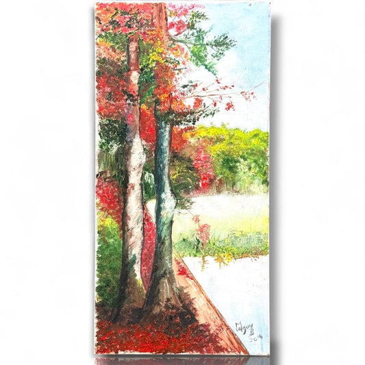 Original Acrylic Painting Canvas Art Signed Dated Autumn Forest Tree River Scene