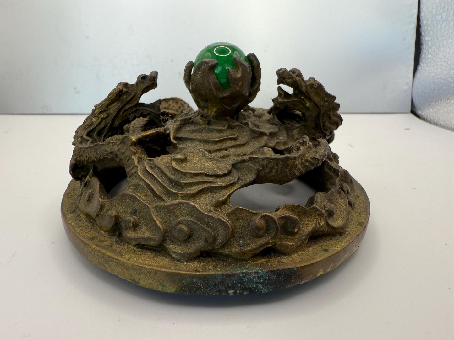 An Ornate Bronze Dualing Dragons with Jade Marble Orb Ball Censer Antique