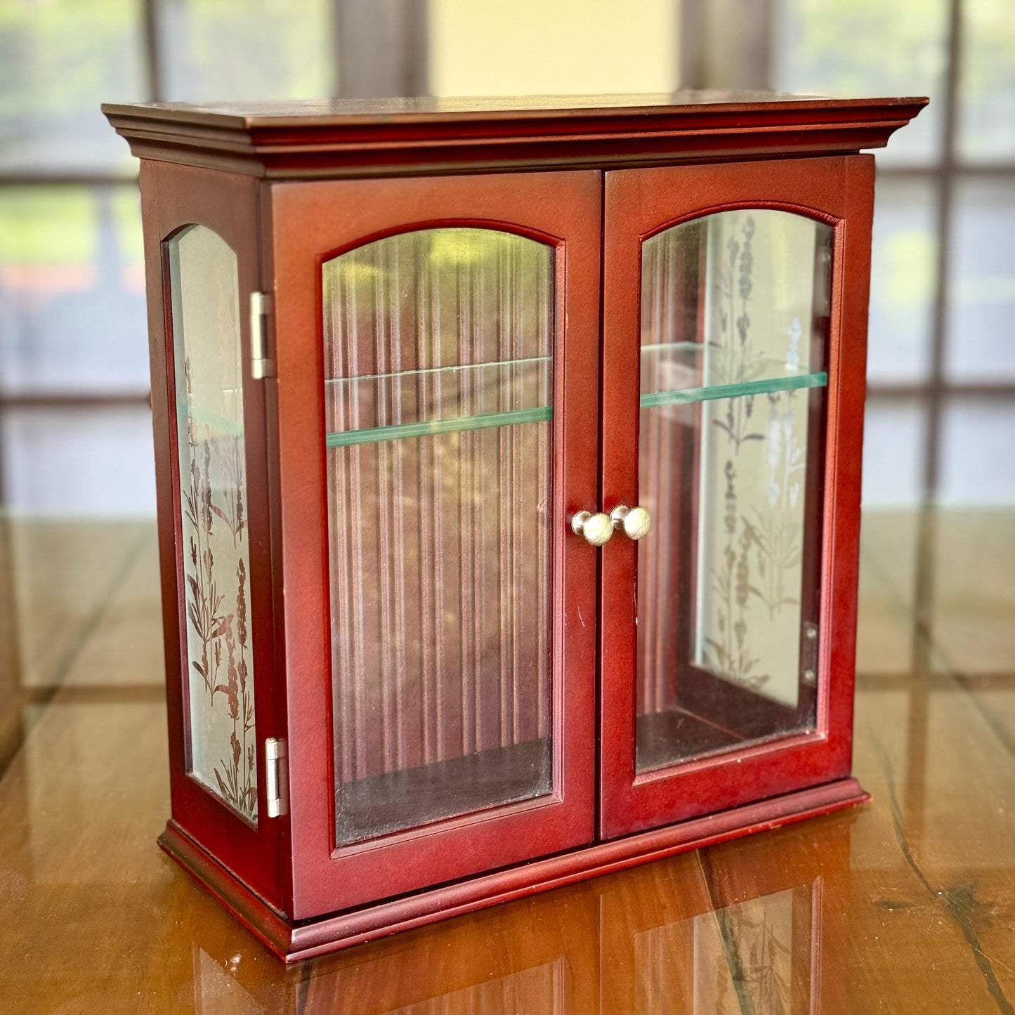 A Cherry Wood Glass Trinket Vintage Wall Hanging Display Jewelry Charm Cabinet