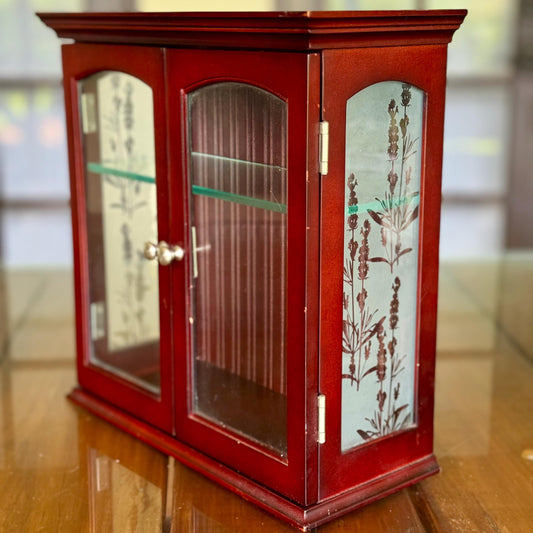 A Cherry Wood Glass Trinket Vintage Wall Hanging Display Jewelry Charm Cabinet