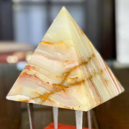 A Natural Mexican Green Yellow Onyx Banded Calcite 5” Pyramid Crystal Carved