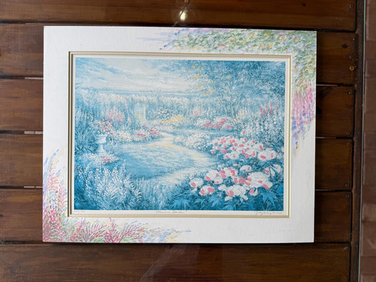 A Linda Geyer Signed Painting Painted Frame Vintage Art Floral Flower Garden Art
