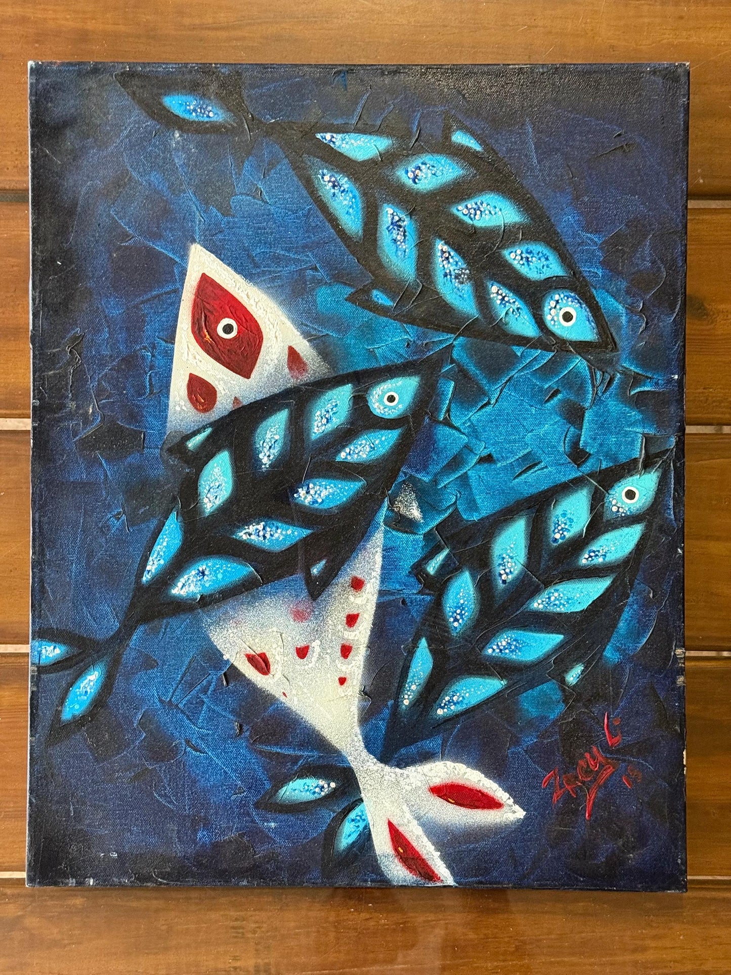 Modern Stylized Fish Art Red White Blue Acrylic Painting Signed Original Canvas