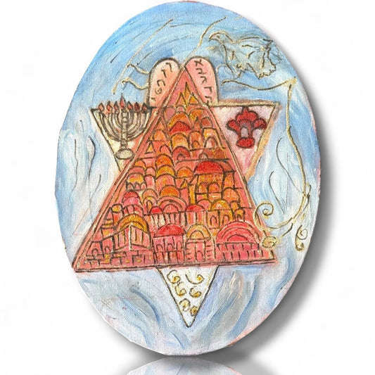 Original Painting Oval Canvas Jerusalem Skyline Star of David Judaica Israel Art
