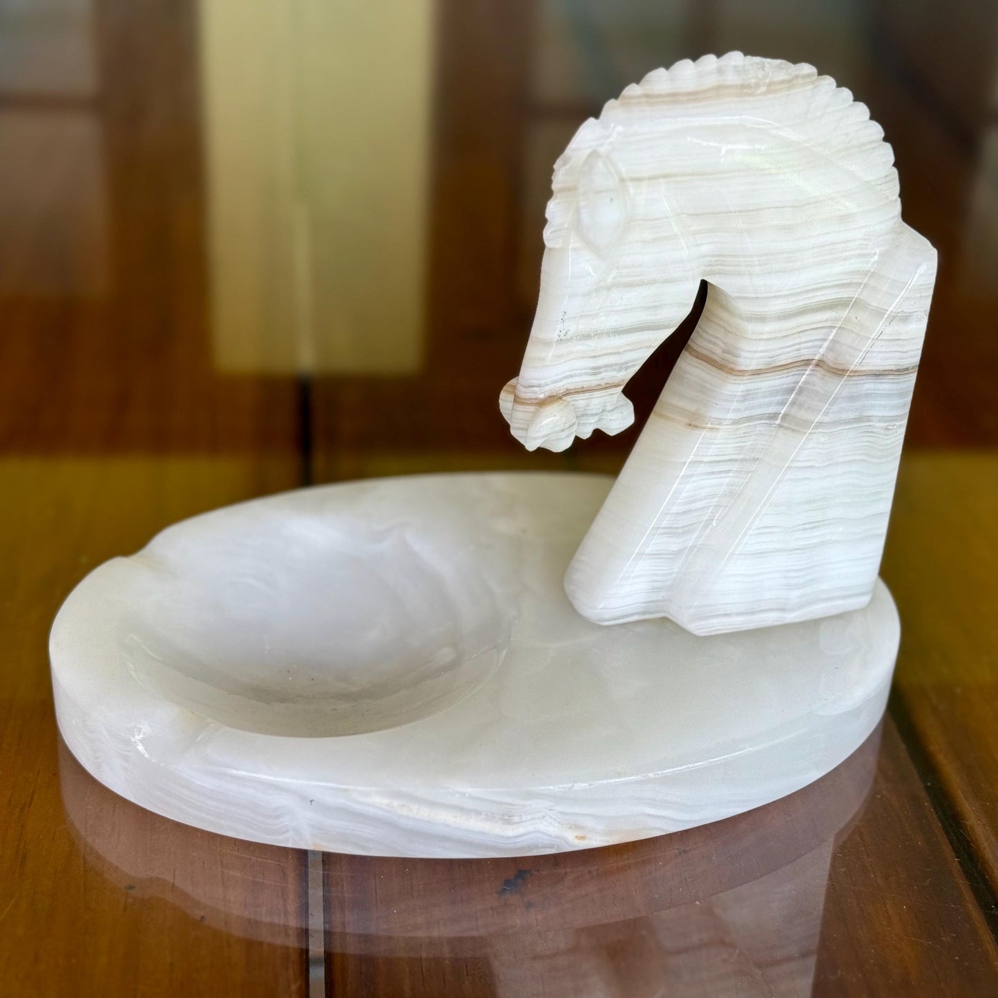 A Handmade Ashtray White Marble Onyx Sculptured Chess Trojan Horse Head Display