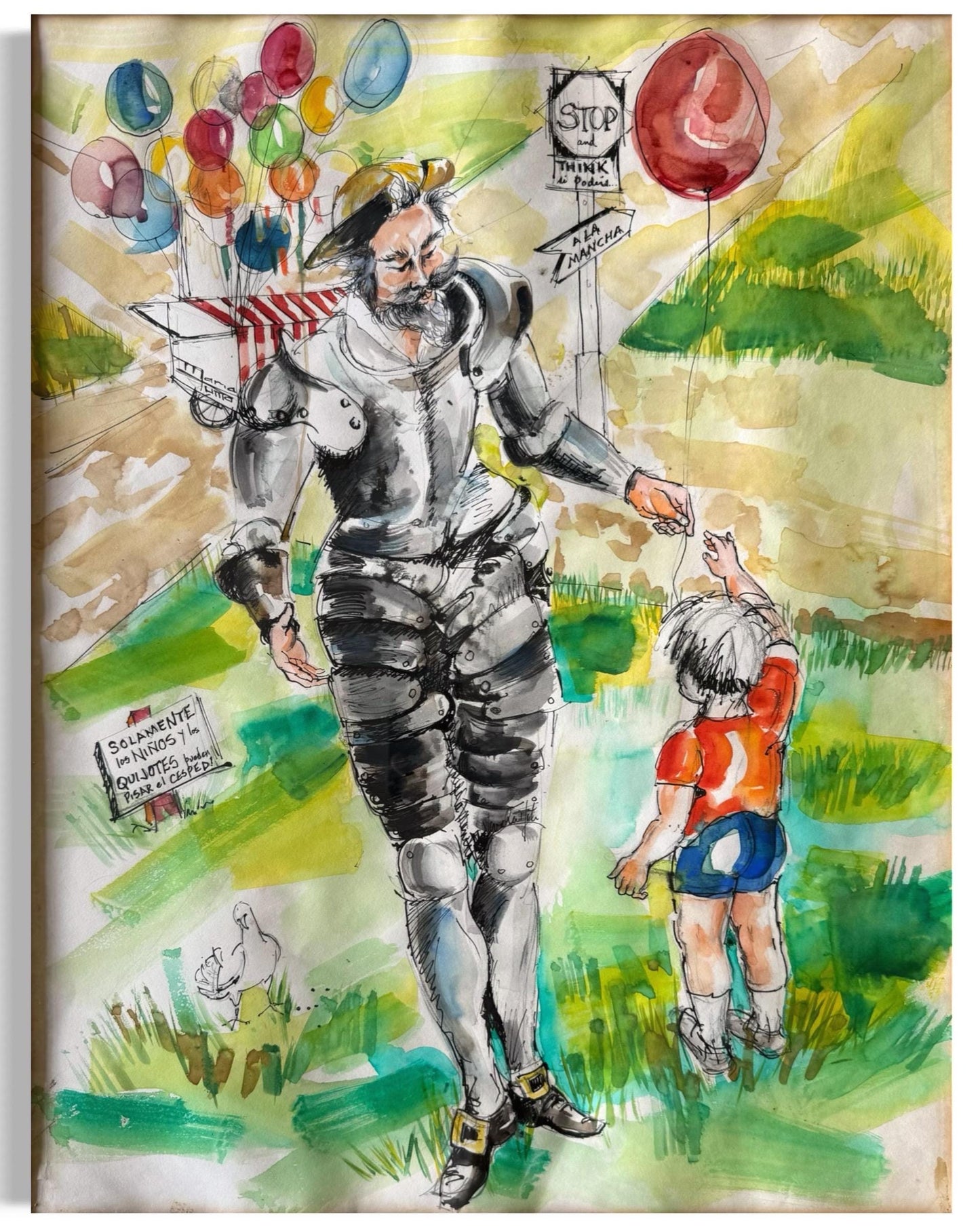 An Original Watercolor Painting One of a Kind Don Quixote A La Mancha Art Piece