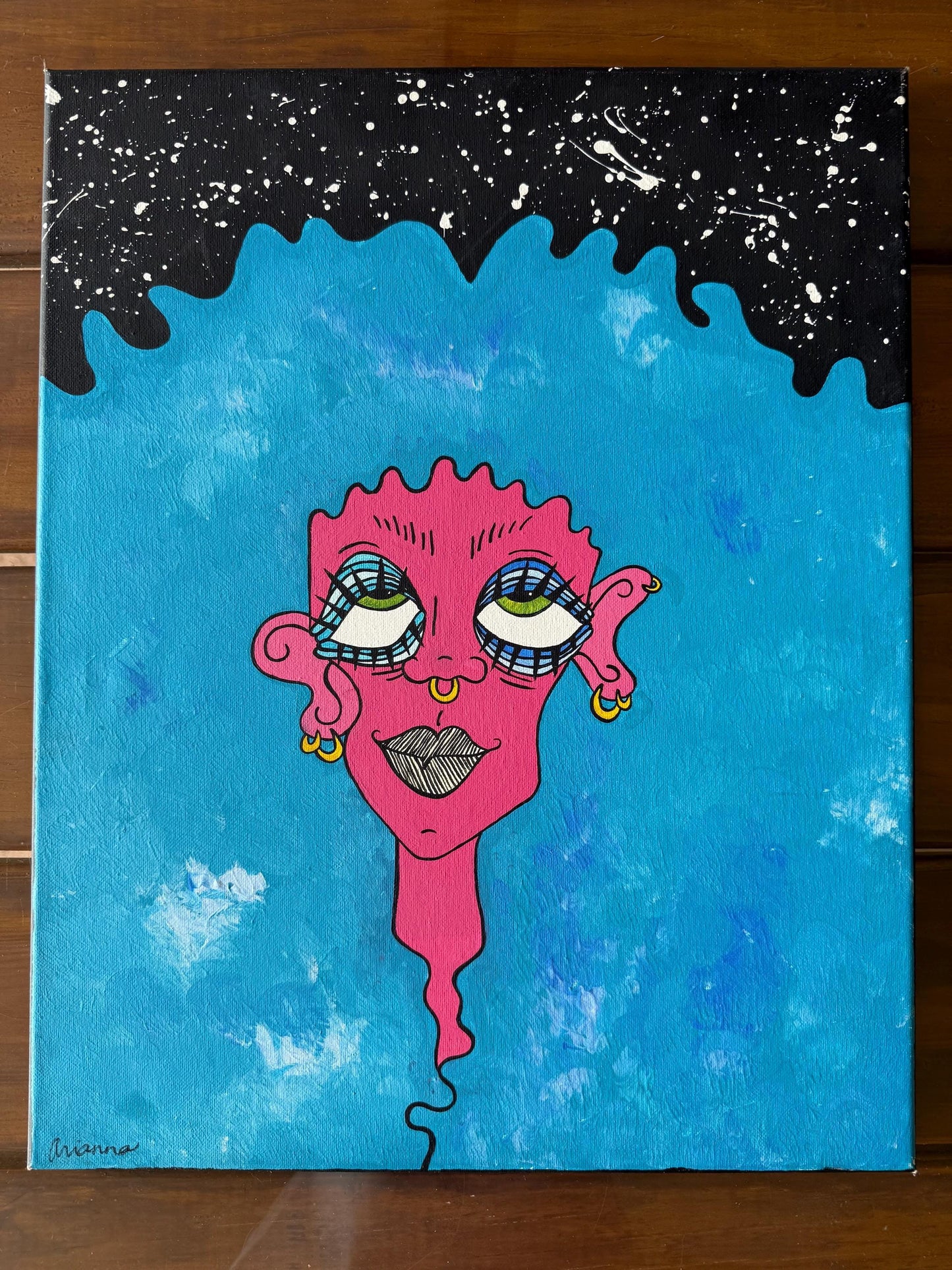 A Signed Painted Canvas Artist Original Artwork Pink Blue Girl Indie “arianna”