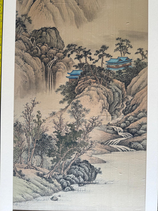 Original Chinese Watercolor and Ink Landscape Painting on Silk Scroll, Mountains and Village