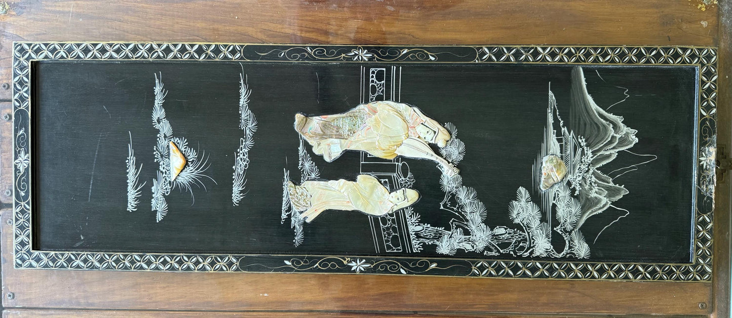 A Vintag Mother Of Pearl Asian Art Hand Painting Wall Hanging Wood Black Lacquer