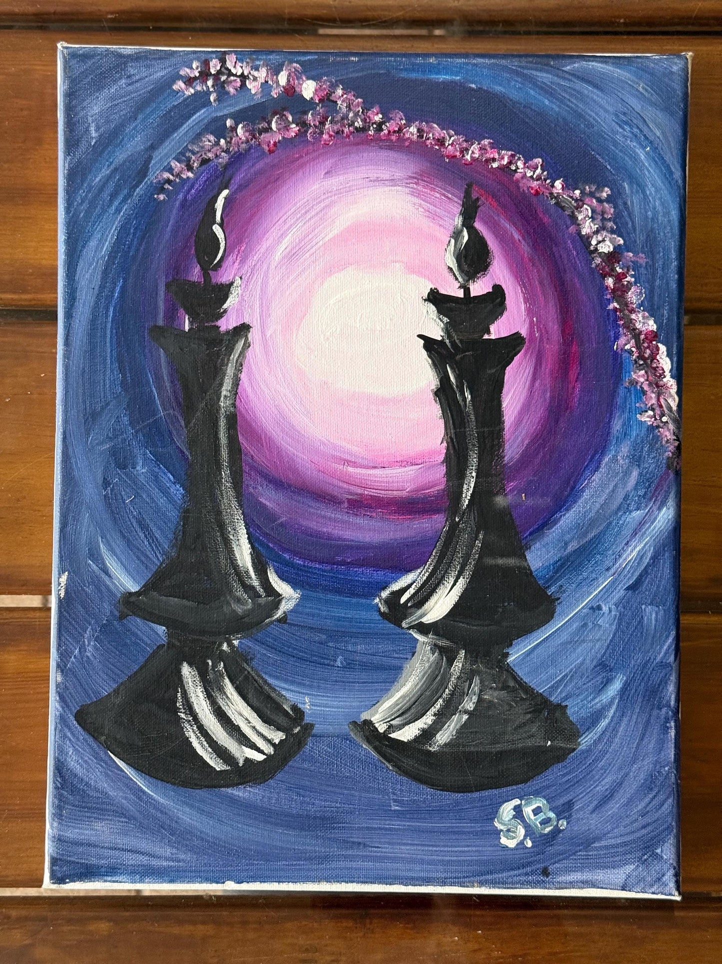 A Painted Canvas Artist Original Artwork Art Signed Chess Two Pawn Piece Candles