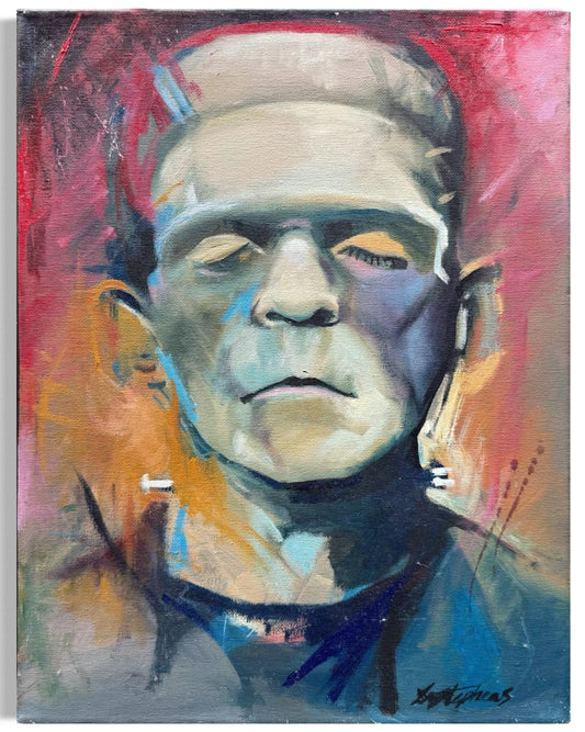 A Painted Canvas Signed Dated Original Frankenstein Monster Boris Karloff Art