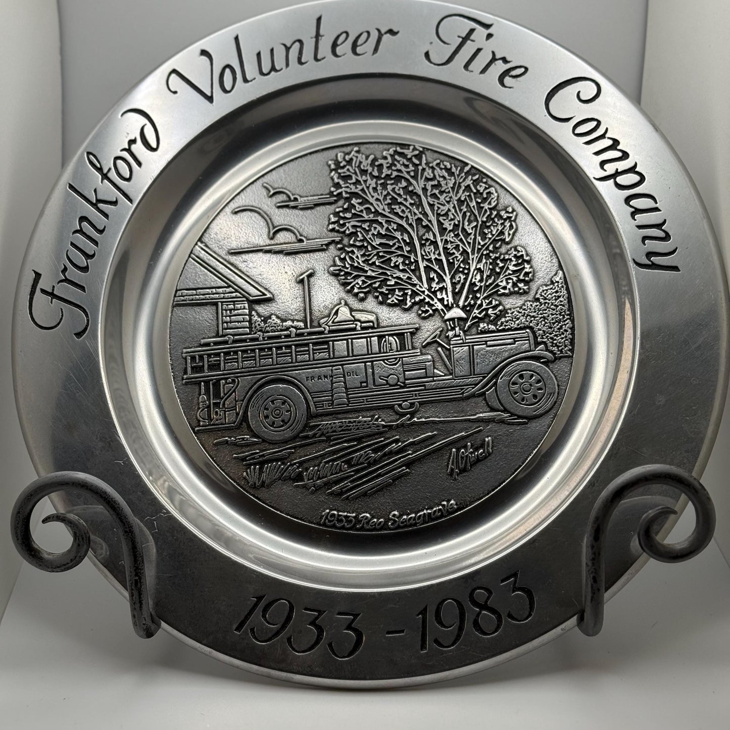 A Vintage Wilton Pewter Plate 1933 Reo Seagrave A.Otwell Frankford Volunteer Fire Company