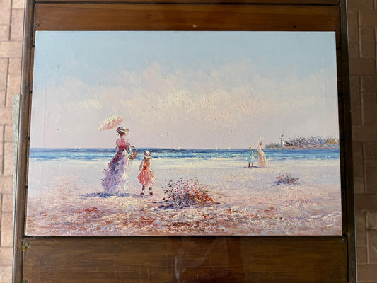 A J.Miller Signed Original Painted Canvas Art French Lady Ocean Side Beach Artwork
