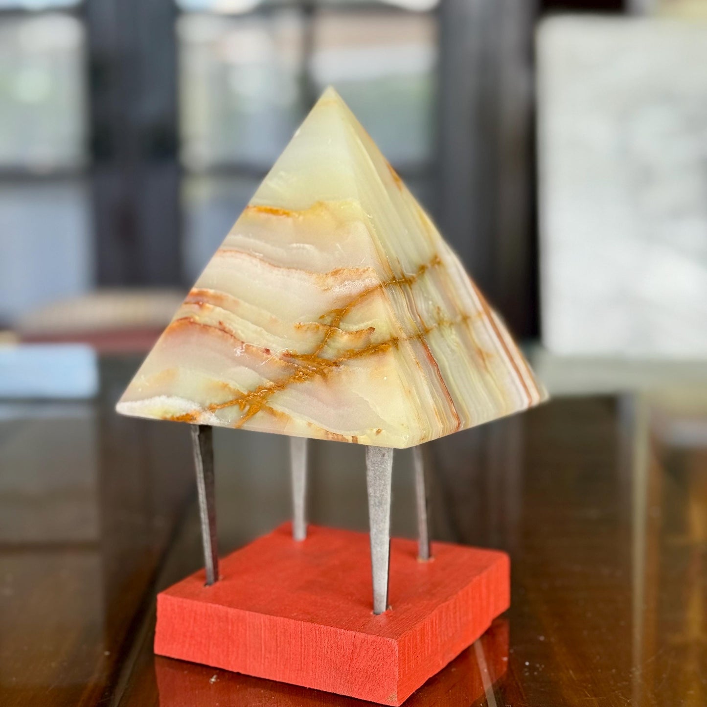 A Natural Mexican Green Yellow Onyx Banded Calcite 5” Pyramid Crystal Carved