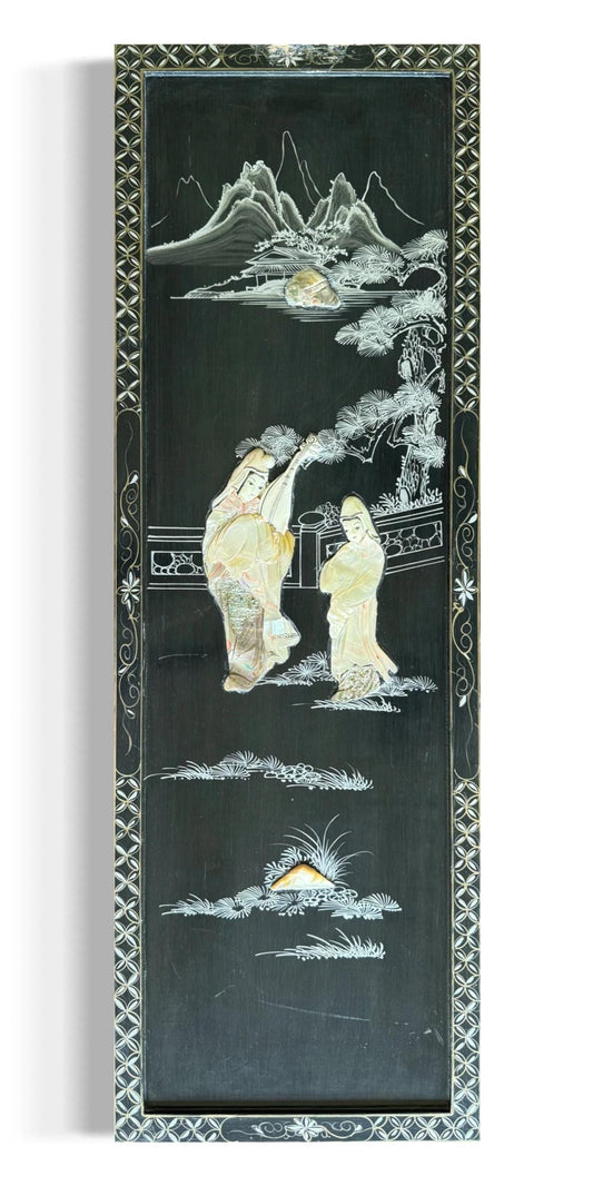 A Vintag Mother Of Pearl Asian Art Hand Painting Wall Hanging Wood Black Lacquer