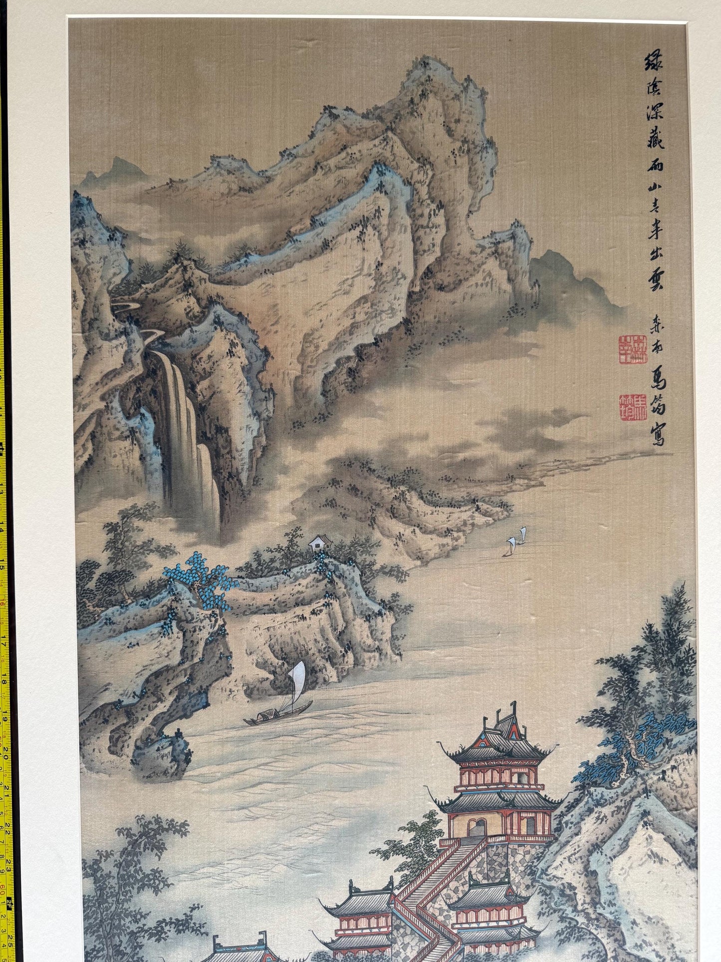 A Japanese Watercolor Painting Hanging Scroll Art Silk Mountain River Landscape