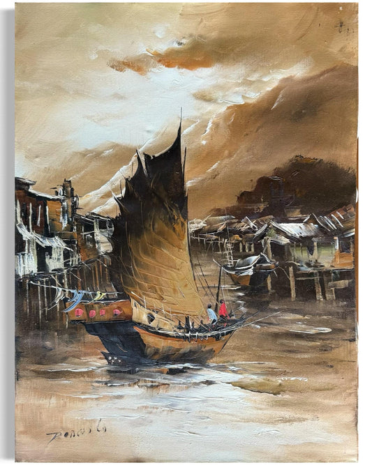 A Signed Original Painted Canvas Chinese Sail Boat Ship Shrimp Harbor Scene Art