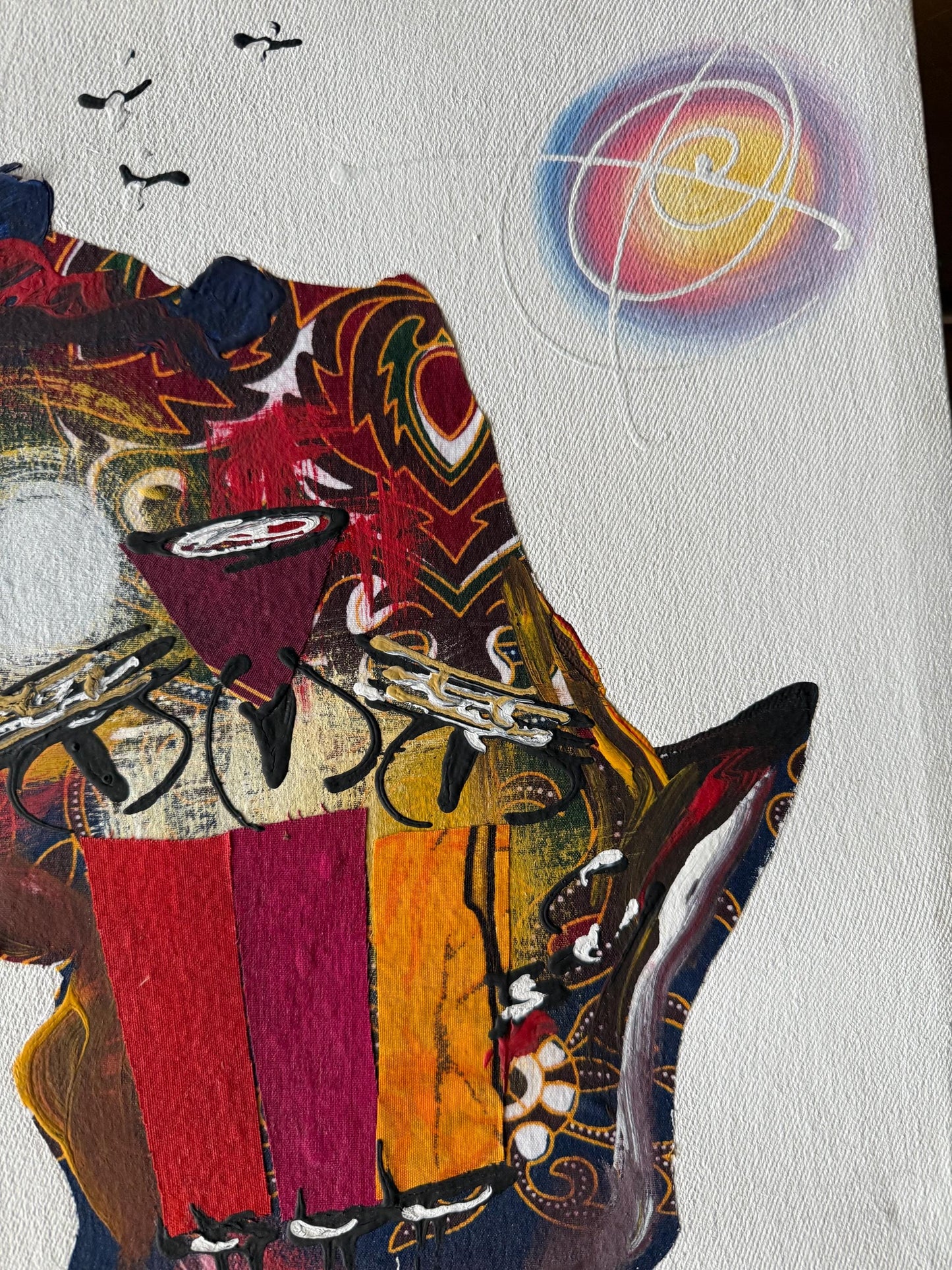 A Canvas Painted Fabric Signed Senegal Artist Pape Daouda Gueye Africa Continent