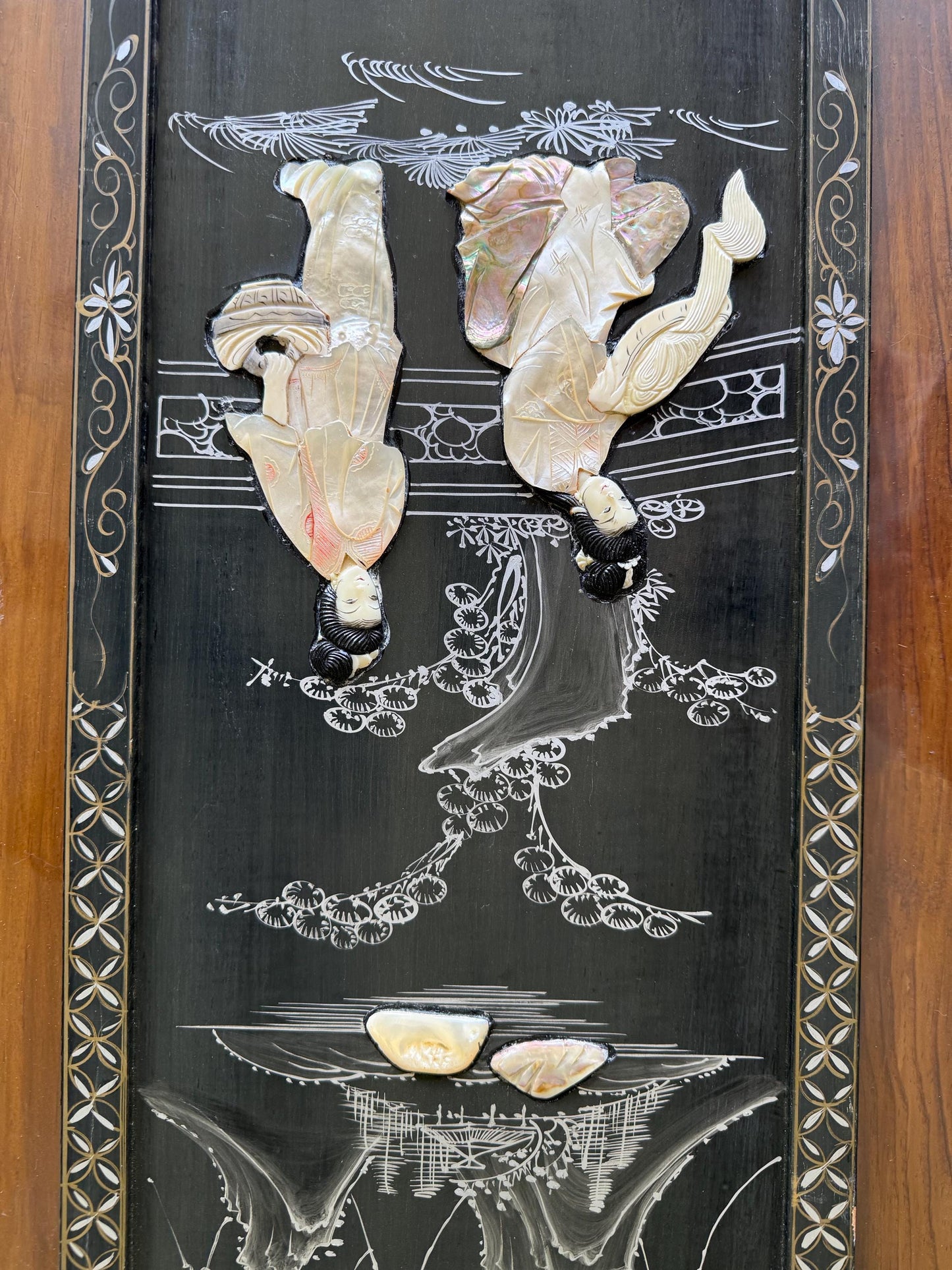 A Vintag Mother Of Pearl Asian Art Hand Painting Wall Hanging Wood Black Lacquer