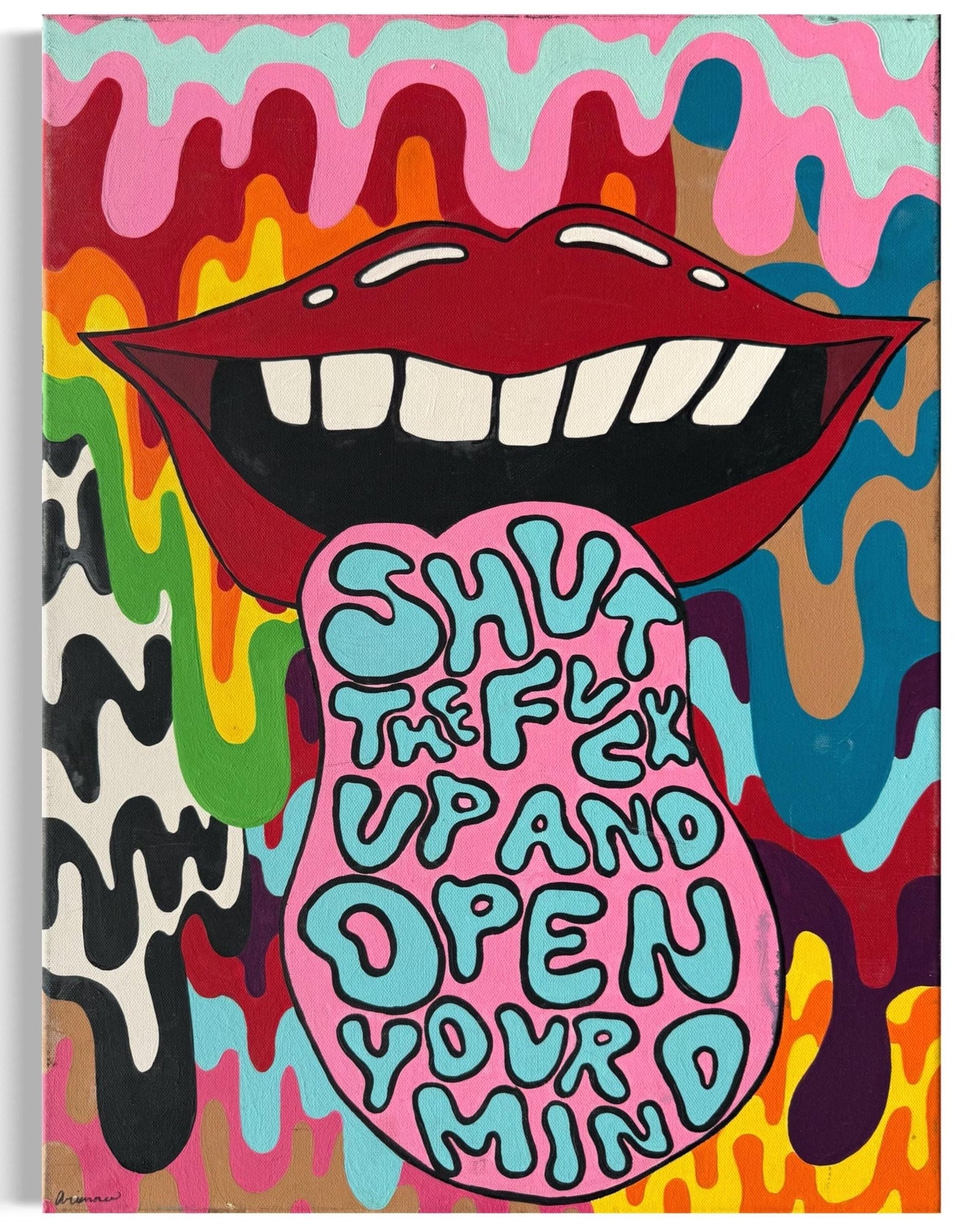 A Signed Artist Original Painted Canvas Bite Me Mouth Lips Rainbow Drip Artwork