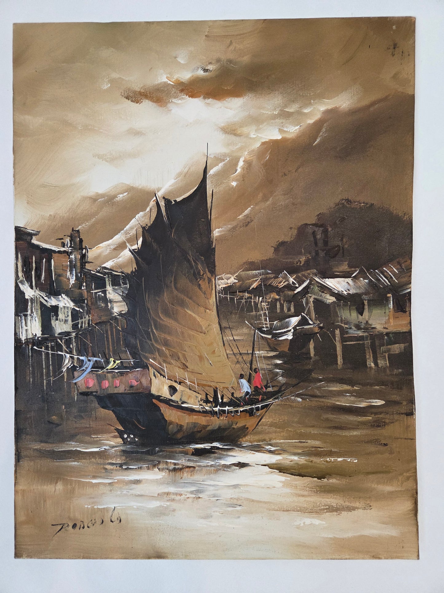 Original Asian Sail Boat Ship Harbor Painting Seascape Canvas Art Maritime Decor